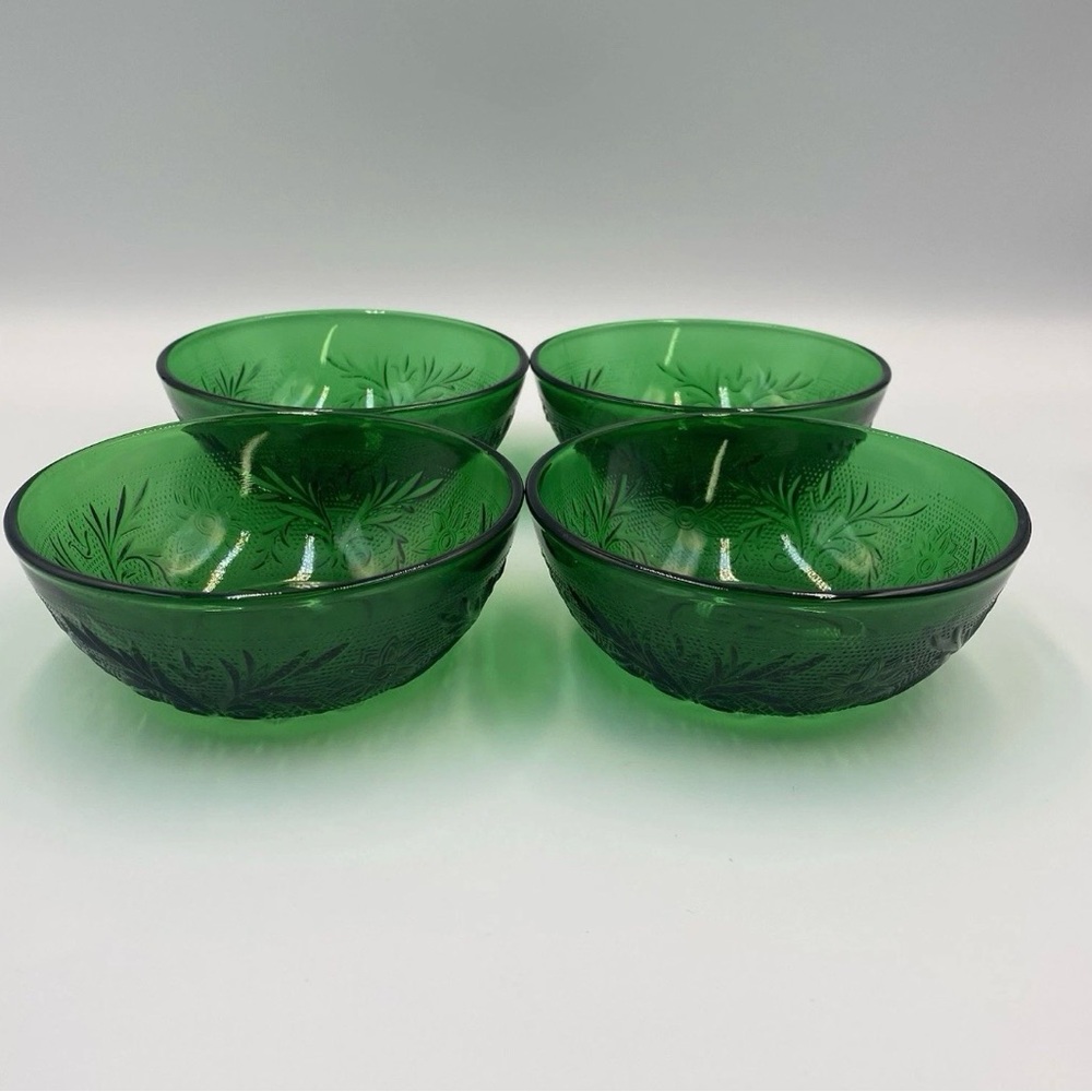 Vintage Anchor Hocking Forest Green Sandwich Glass Berry Bowl Custard Cups- 4